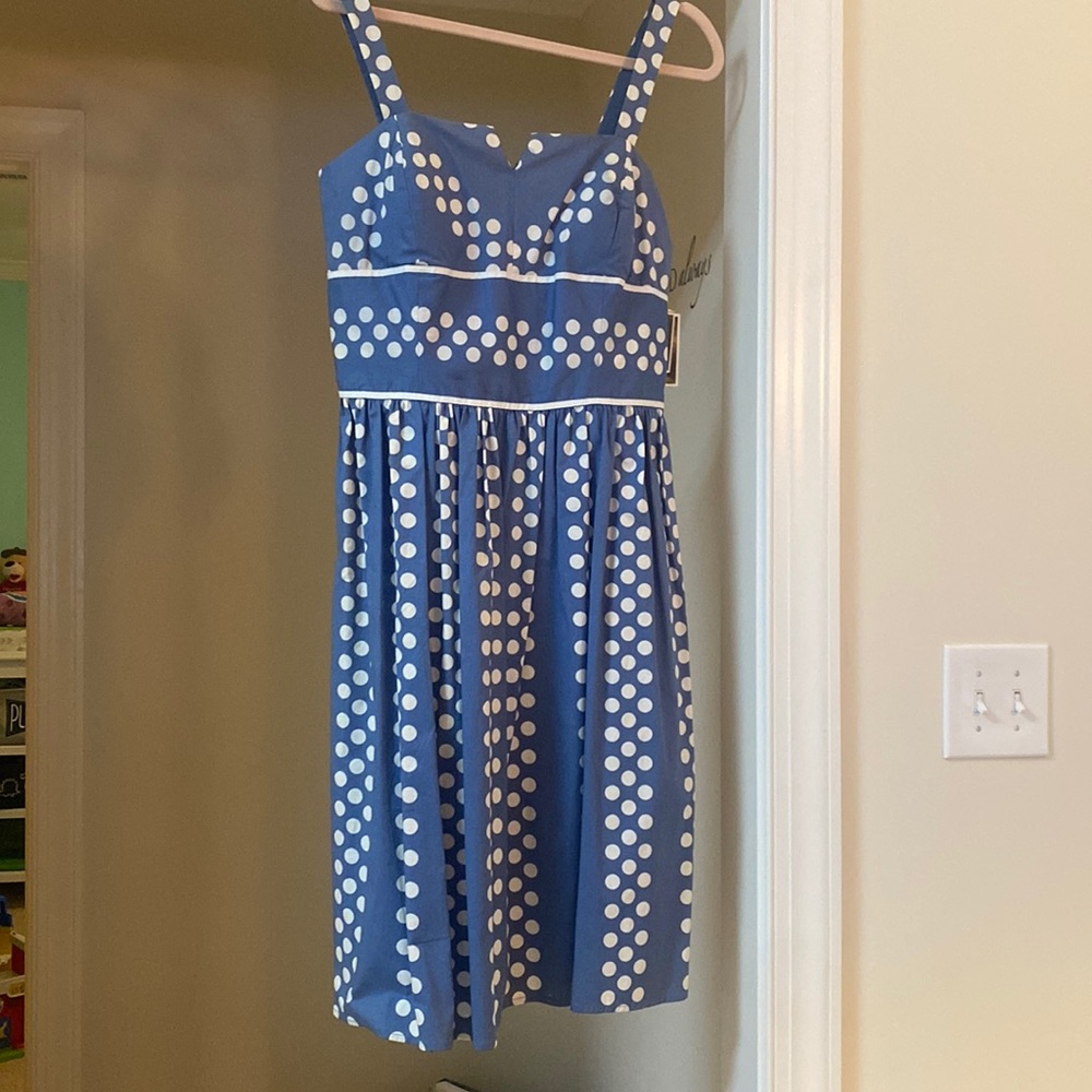 R&K Blue & White NWT Polka Dot Sun Dress Adjustable Button Straps & Built-In Bra